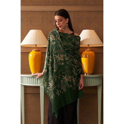 MAULI CASHMERE Golden Peony Embroidered Fine Merino Wool Stole