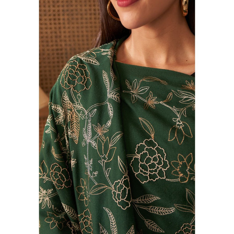 MAULI CASHMERE Golden Peony Embroidered Fine Merino Wool Stole