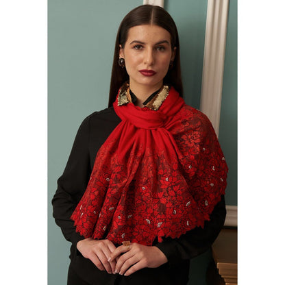MAULI CASHMERE A Rose Filigree Embroidered Wool Silk Stole