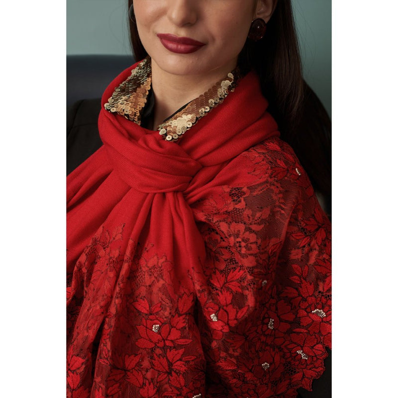 MAULI CASHMERE A Rose Filigree Embroidered Wool Silk Stole