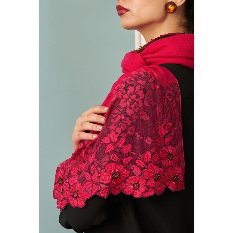 MAULI CASHMERE Floral Inset Embroidered Fine Merino Wool Stole