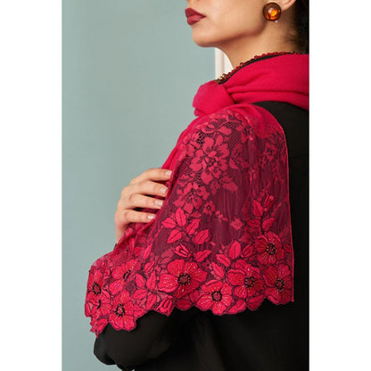 MAULI CASHMERE Floral Inset Embroidered Fine Merino Wool Stole
