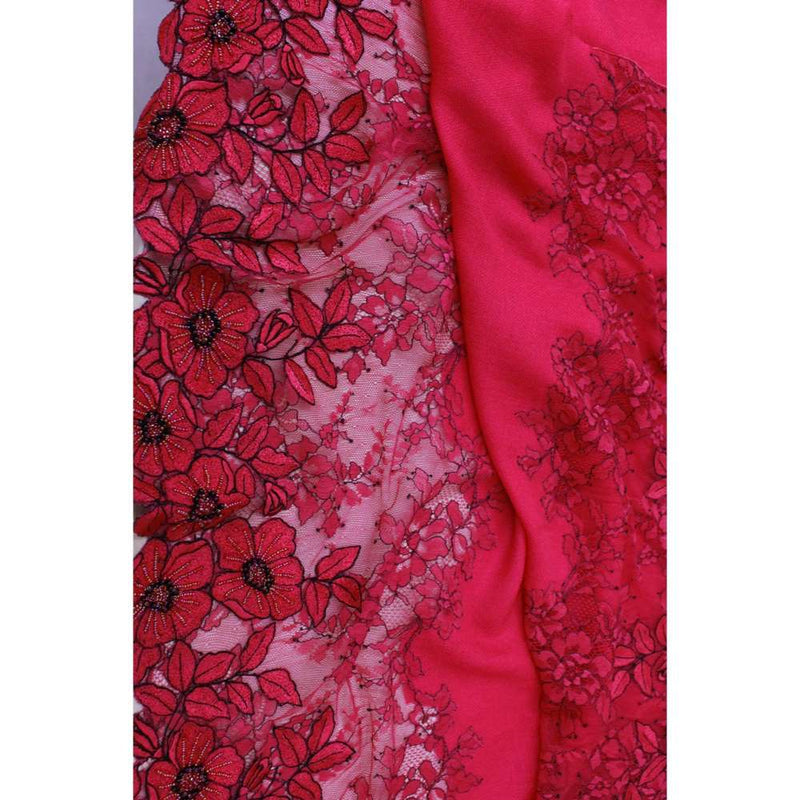 MAULI CASHMERE Floral Inset Embroidered Fine Merino Wool Stole