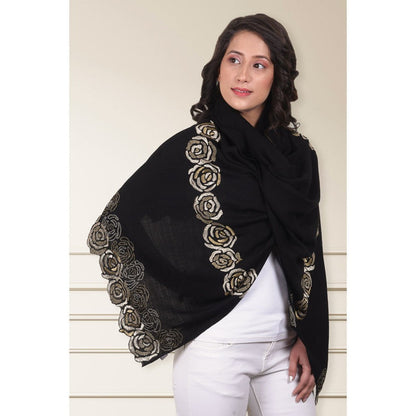 MAULI CASHMERE Golden Rose Embroidered Fine Merino Wool Stole