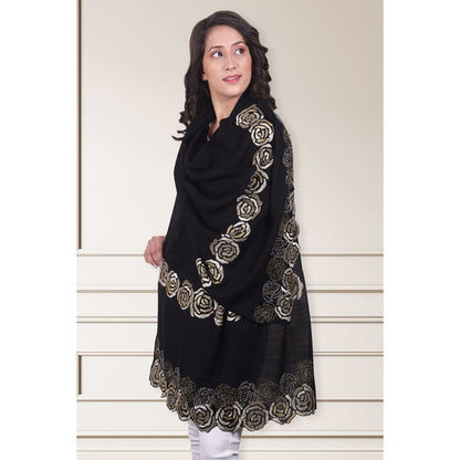 MAULI CASHMERE Golden Rose Embroidered Fine Merino Wool Stole