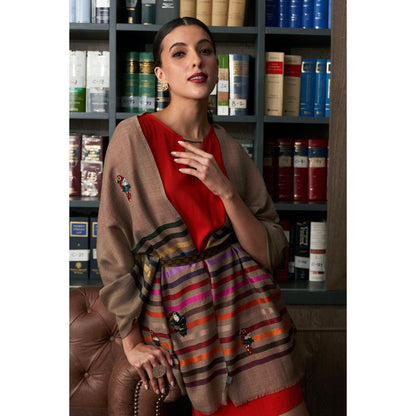 MAULI CASHMERE Tricky Toucans Embroidered Fine Wool Silk Stripe