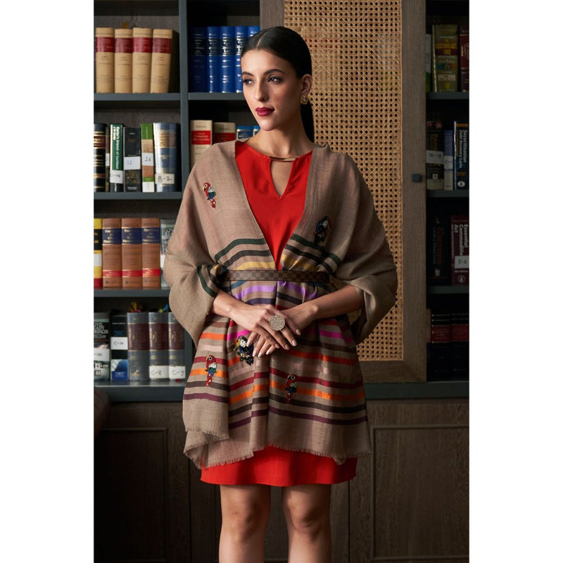 MAULI CASHMERE Tricky Toucans Embroidered Fine Wool Silk Stripe