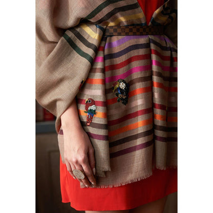 MAULI CASHMERE Tricky Toucans Embroidered Fine Wool Silk Stripe