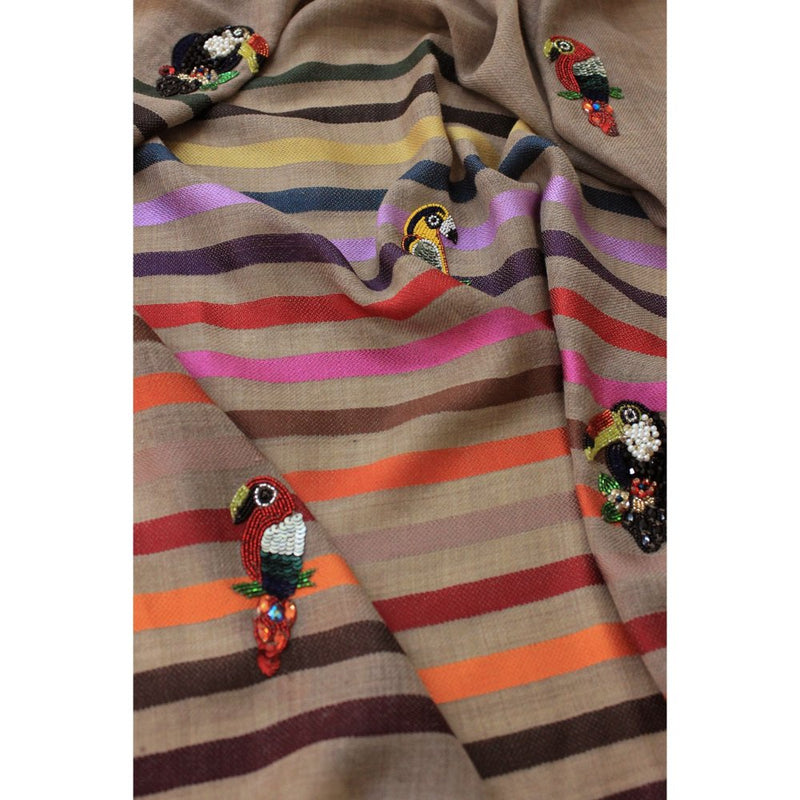 MAULI CASHMERE Tricky Toucans Embroidered Fine Wool Silk Stripe