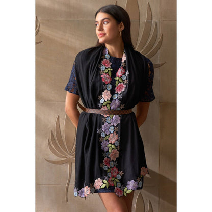 MAULI CASHMERE Floral Sprinkle Embroidered Wool Silk Stole