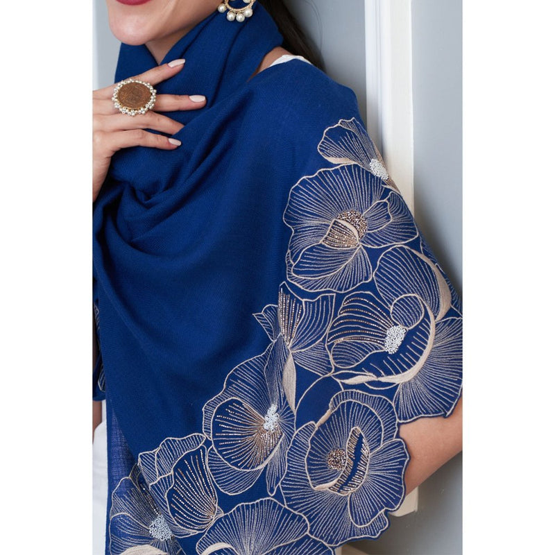 MAULI CASHMERE Poppy Affair Embroidered Wool Silk Stole