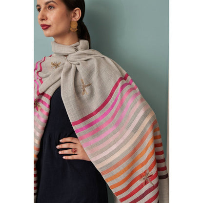 MAULI CASHMERE Golden Wings Embroidered Fine Wool Silk Stripe