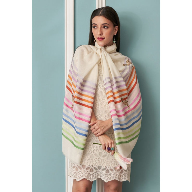 MAULI CASHMERE Flamingo Style Embroidered Fine Wool Silk Stripe