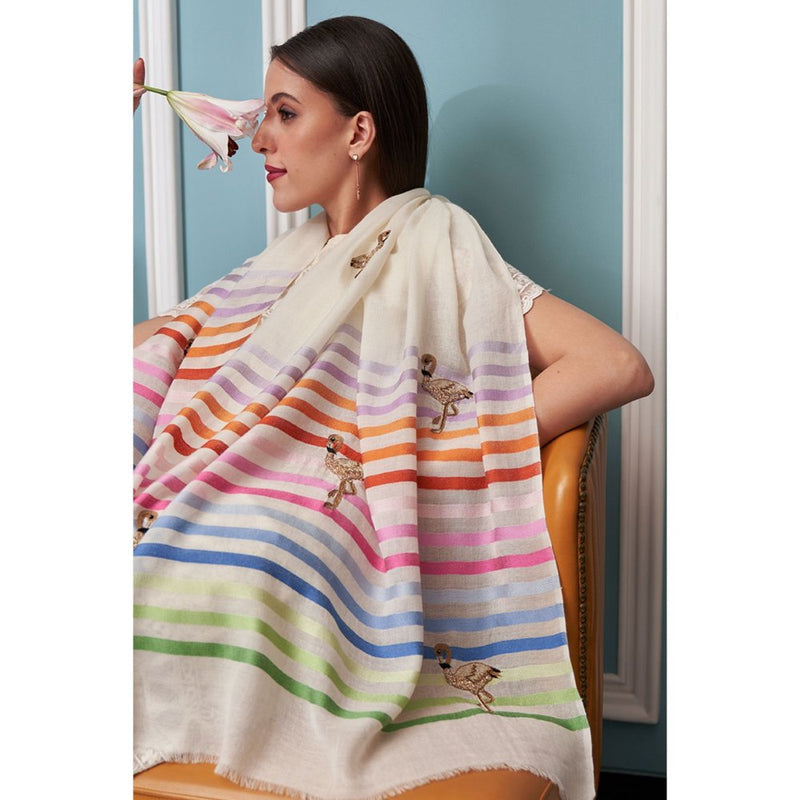 MAULI CASHMERE Flamingo Style Embroidered Fine Wool Silk Stripe