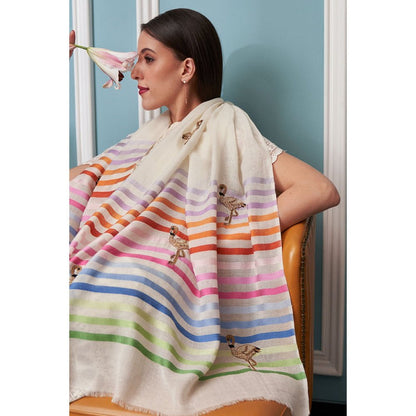 MAULI CASHMERE Flamingo Style Embroidered Fine Wool Silk Stripe