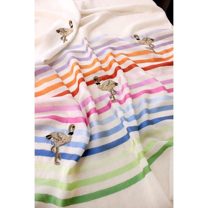 MAULI CASHMERE Flamingo Style Embroidered Fine Wool Silk Stripe