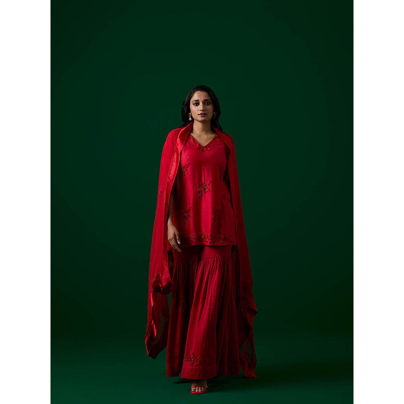 MEESA Red Hand Embroidered Chanderi Silk Kurta with Sharara with Organza Dupatta (Set of 3)