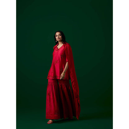 MEESA Red Hand Embroidered Chanderi Silk Kurta with Sharara with Organza Dupatta (Set of 3)