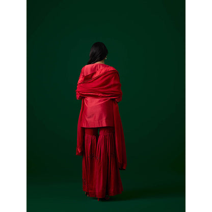 MEESA Red Hand Embroidered Chanderi Silk Kurta with Sharara with Organza Dupatta (Set of 3)