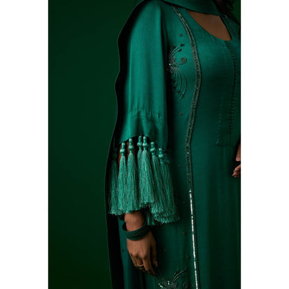 MEESA Sea Green Hand Embroidered Kurta with Palazzo with Organza Dupatta (Set of 3)