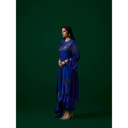 MEESA Navy Blue Hand Embellished Chanderi Silk Kurta with Palazzo with Dupatta (Set of 3)