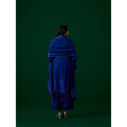 MEESA Navy Blue Hand Embellished Chanderi Silk Kurta with Palazzo with Dupatta (Set of 3)