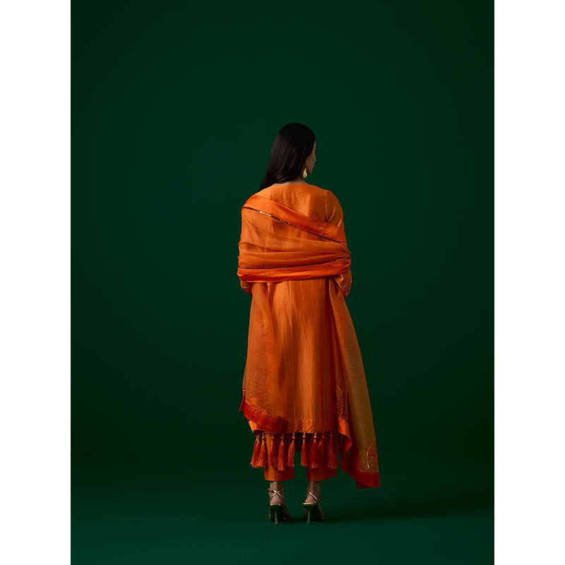 MEESA Orange Hand Embellished Chanderi Silk Kurta with Pant with Organza Dupatta (Set of 3)