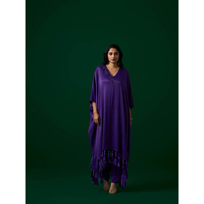 MEESA Purple Hand Embellished Orange Peel Kaftan with Pant (Set of 2)
