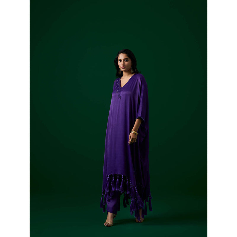 MEESA Purple Hand Embellished Orange Peel Kaftan with Pant (Set of 2)