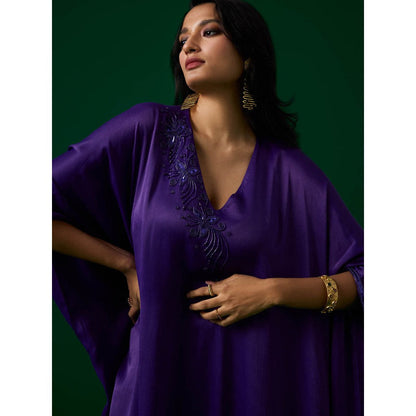 MEESA Purple Hand Embellished Orange Peel Kaftan with Pant (Set of 2)