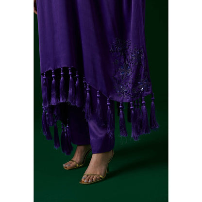 MEESA Purple Hand Embellished Orange Peel Kaftan with Pant (Set of 2)