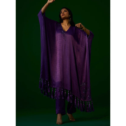 MEESA Purple Hand Embellished Orange Peel Kaftan with Pant (Set of 2)