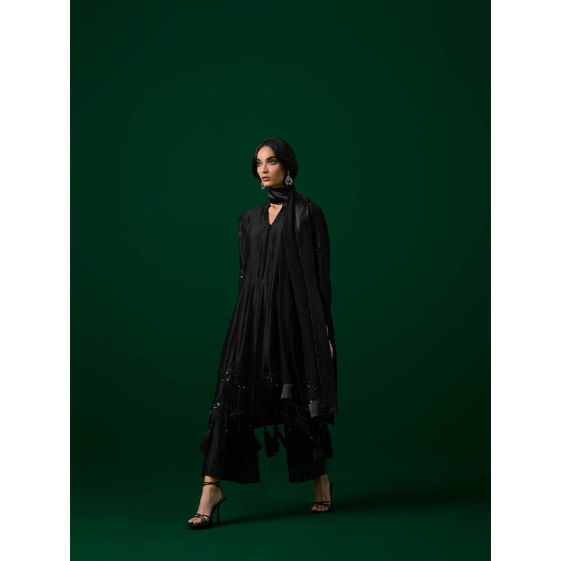 MEESA Black Hand Embroidered Chanderi Silk Kurta with Pant with Organza Dupatta (Set of 3)