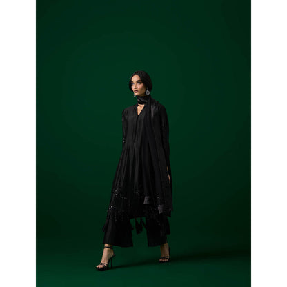 MEESA Black Hand Embroidered Chanderi Silk Kurta with Pant with Organza Dupatta (Set of 3)