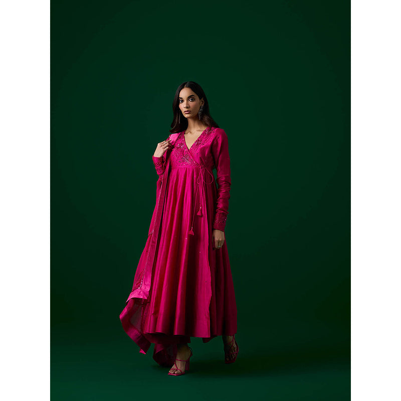 MEESA Pink Hand Embroidered Chanderi Silk Anarkali Kurta & Pant with Dupatta (Set of 3)