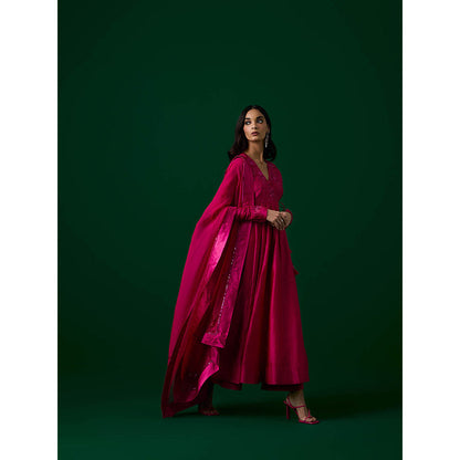 MEESA Pink Hand Embroidered Chanderi Silk Anarkali Kurta & Pant with Dupatta (Set of 3)
