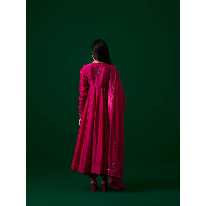 MEESA Pink Hand Embroidered Chanderi Silk Anarkali Kurta & Pant with Dupatta (Set of 3)