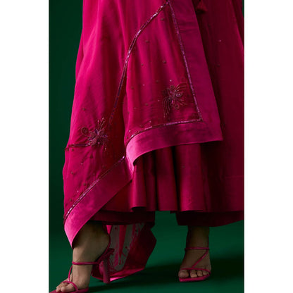 MEESA Pink Hand Embroidered Chanderi Silk Anarkali Kurta & Pant with Dupatta (Set of 3)