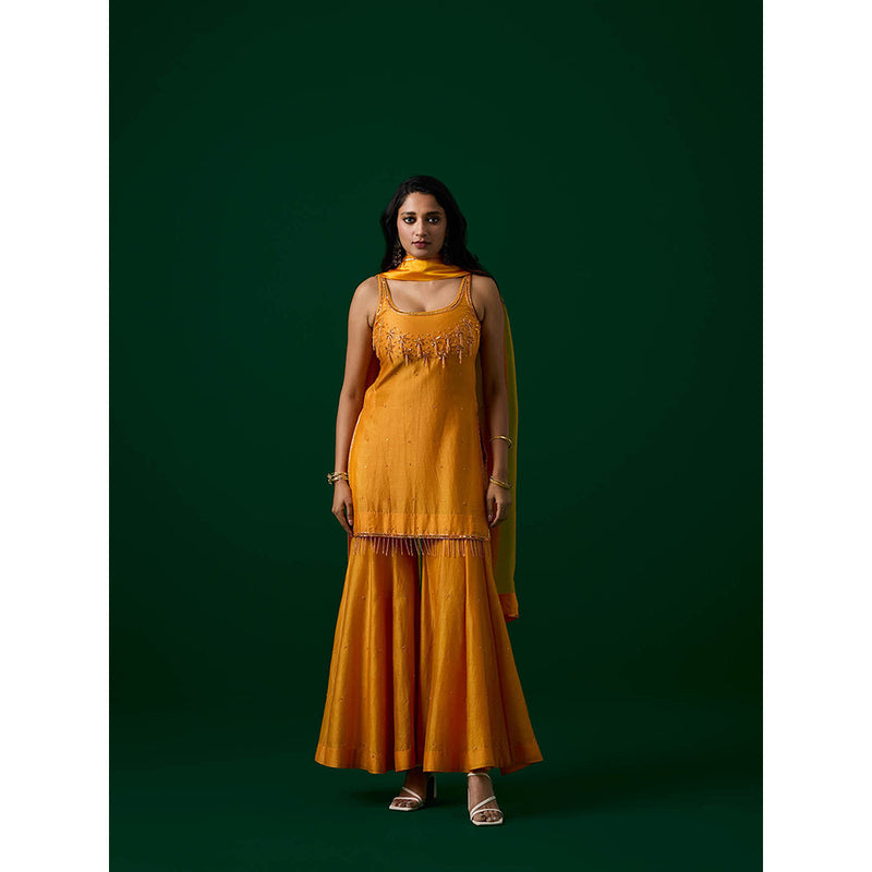 MEESA Yellow Hand Embroidered Chanderi Silk Kurta with Sharara with Organza Dupatta (Set of 3)