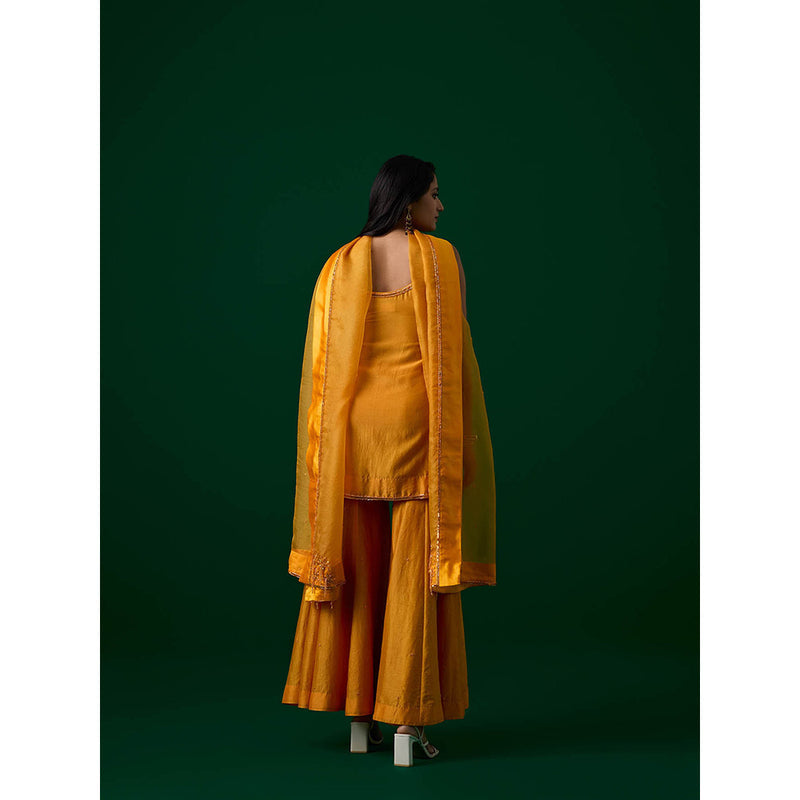 MEESA Yellow Hand Embroidered Chanderi Silk Kurta with Sharara with Organza Dupatta (Set of 3)