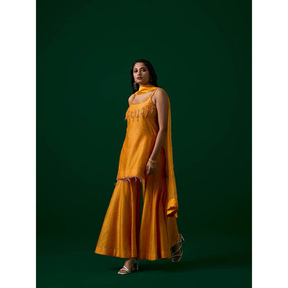 MEESA Yellow Hand Embroidered Chanderi Silk Kurta with Sharara with Organza Dupatta (Set of 3)