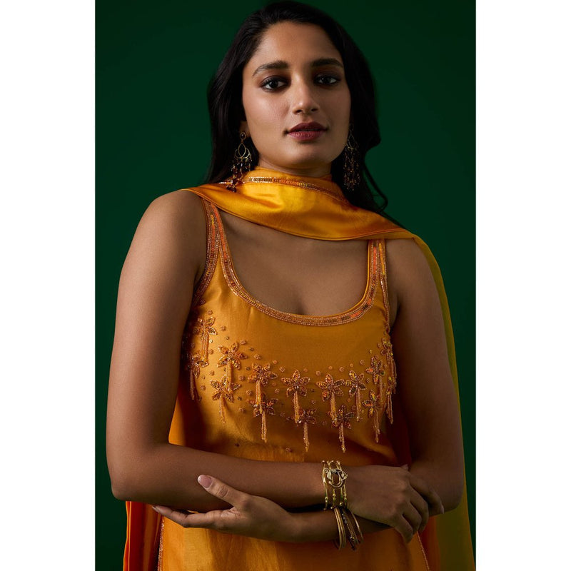 MEESA Yellow Hand Embroidered Chanderi Silk Kurta with Sharara with Organza Dupatta (Set of 3)