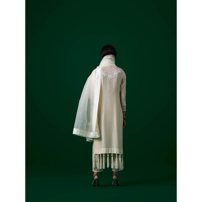 MEESA White Hand Embellished Chanderi Silk Kurta with Pant with Organza Dupatta (Set of 3)