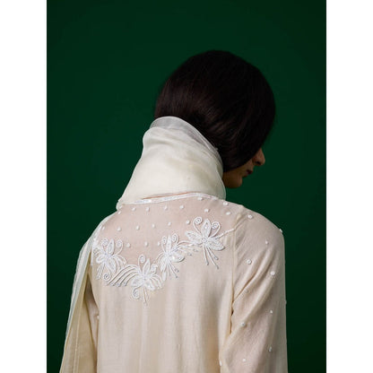 MEESA White Hand Embellished Chanderi Silk Kurta with Pant with Organza Dupatta (Set of 3)