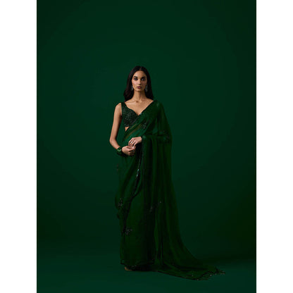 MEESA Green Hand Embellished Organza Saree with Stitched Blouse