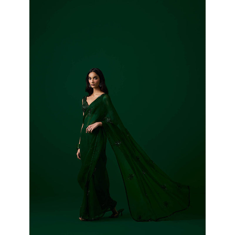 MEESA Green Hand Embellished Organza Saree with Stitched Blouse