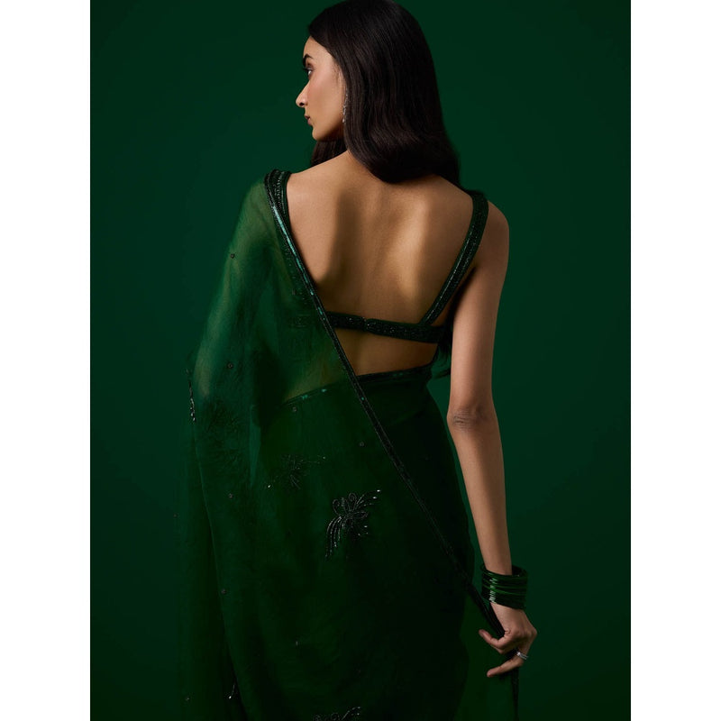 MEESA Green Hand Embellished Organza Saree with Stitched Blouse