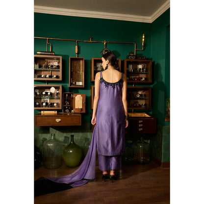 MEESA Purple Embroidered Chanderi Silk Kurta with Pant and Organza Dupatta (Set of 3)