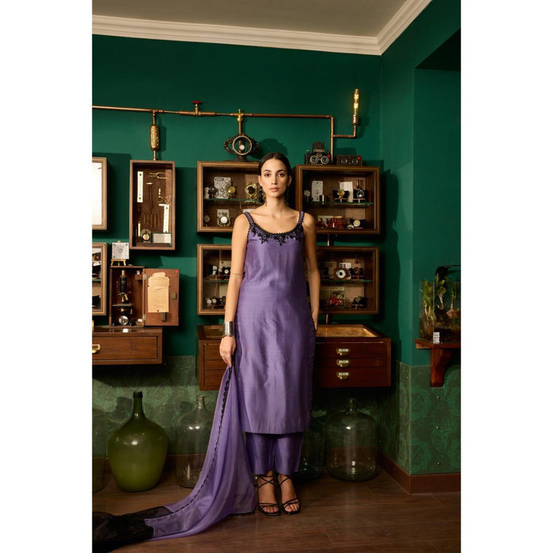MEESA Purple Embroidered Chanderi Silk Kurta with Pant and Organza Dupatta (Set of 3)