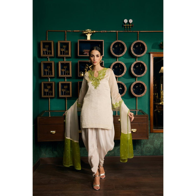 MEESA Beige Embroidered Chanderi Silk Kurta With Dhoti and Organza Dupatta (Set of 3)